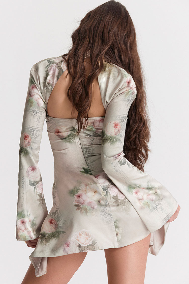 Floral Satin High Neck Cut Out Long Sleeve Ruched Mini Dress
