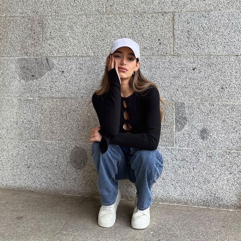 Sexy Rib Knit Boat Neck Long Sleeve Split Trim Cut Out Crop Top - Black