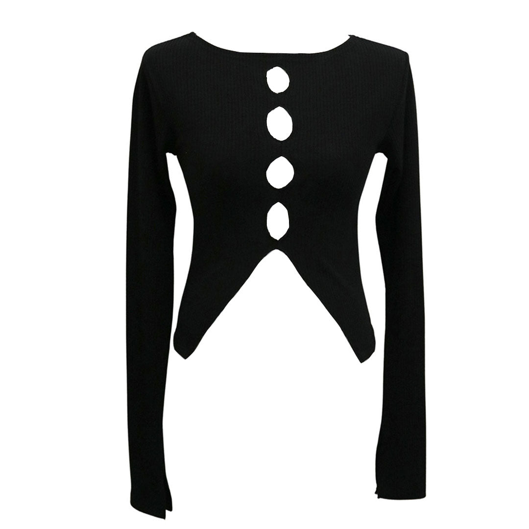 Sexy Rib Knit Boat Neck Long Sleeve Split Trim Cut Out Crop Top - Black