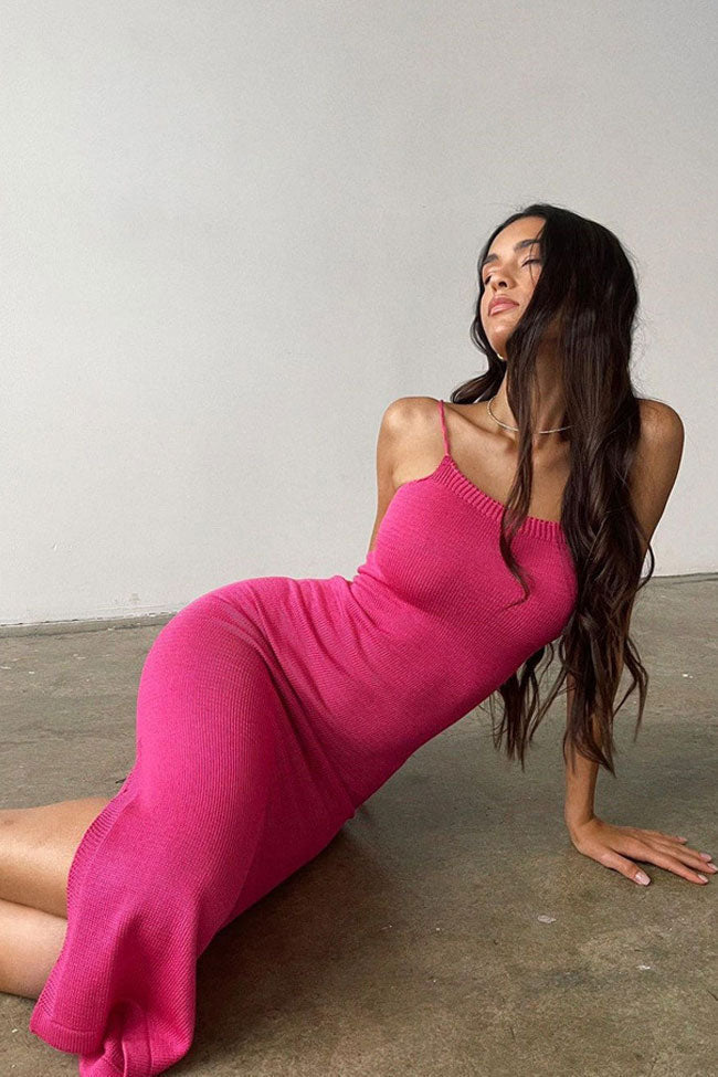 Rib Knit Scoop Neck Spaghetti Strap Bodycon Maxi Dress
