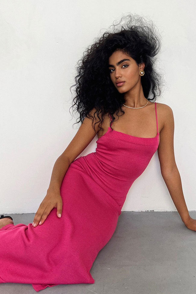 Rib Knit Scoop Neck Spaghetti Strap Bodycon Maxi Dress