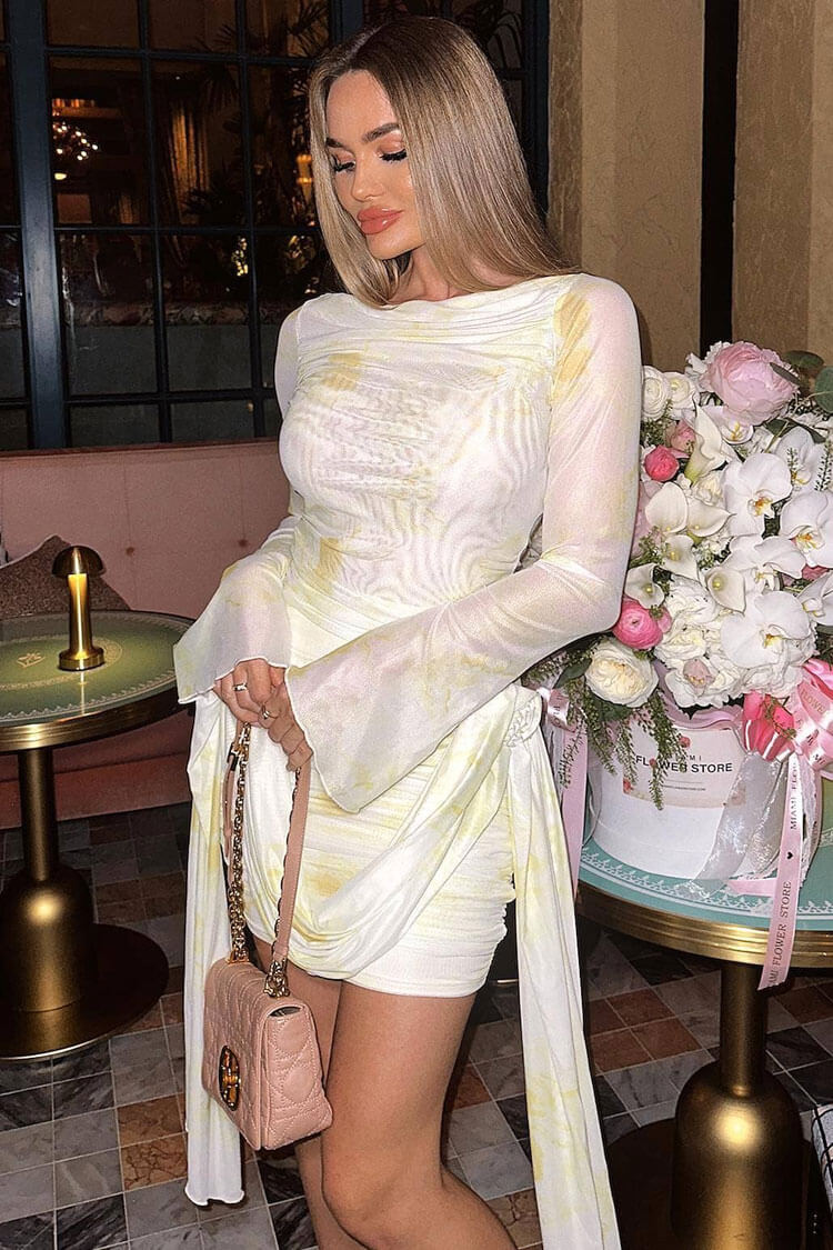 Boat Neck Long Sleeve Ruched Draped Bodycon Mini Dress
