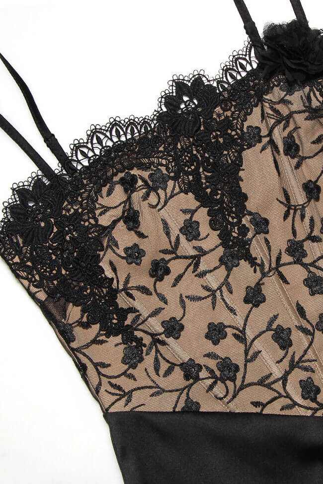 Lace Corset Spaghetti Strap Rosette Satin Slip Midi Dress