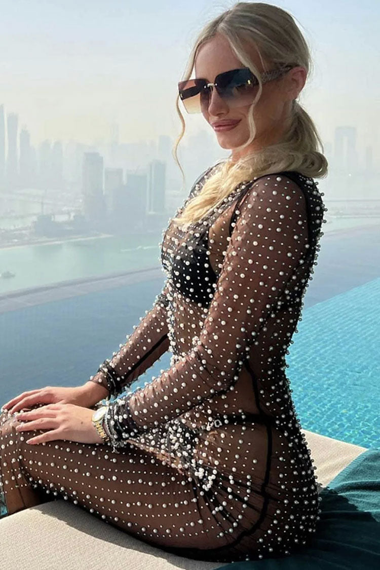 Sexy Round Neck Long Sleeve Faux Pearl Split Sheer Mesh Maxi Dress - Black 3