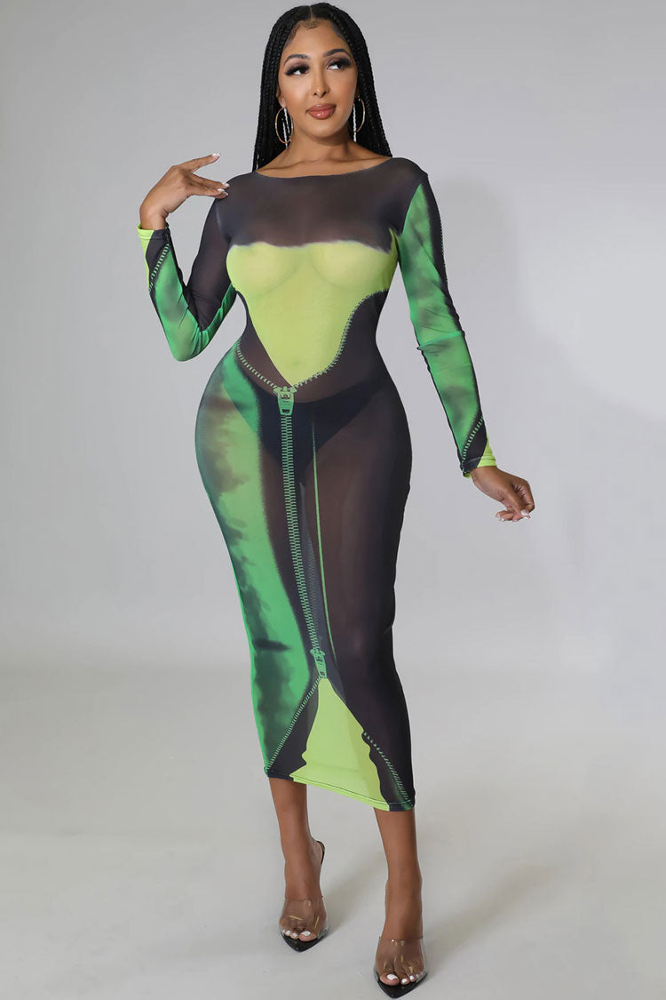 Sexy Round Neck Tie Dye Printed Long Sleeve Sheer Mesh Midi Dress - Green 2