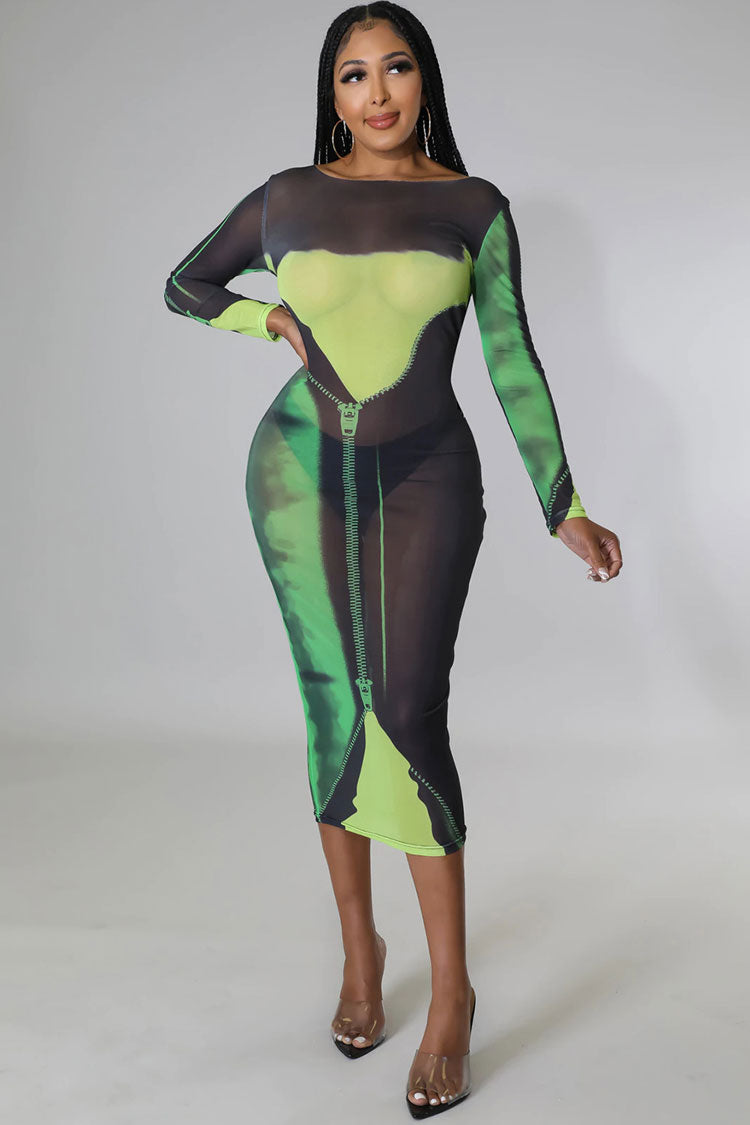Sexy Round Neck Tie Dye Printed Long Sleeve Sheer Mesh Midi Dress - Green 3