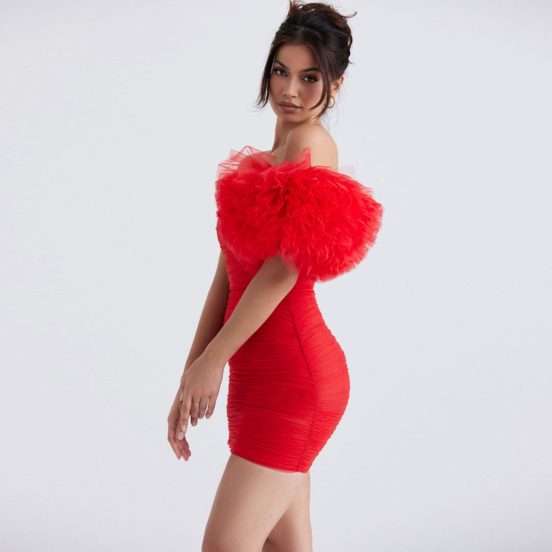 Tulle Strapless Puff Sleeve Ruched Bodycon Mini Dress
