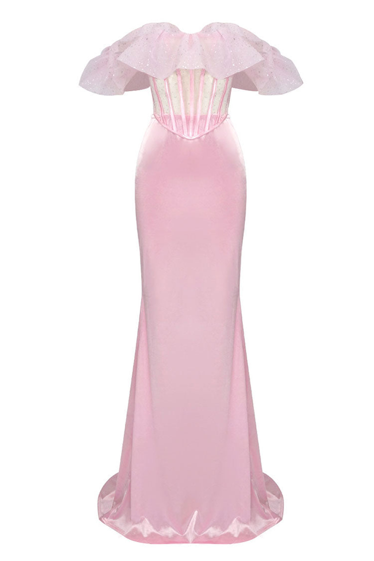 Sexy Ruffle Sheer Corset High Waist Satin Skirt Two Piece Maxi Dress - Pink 6