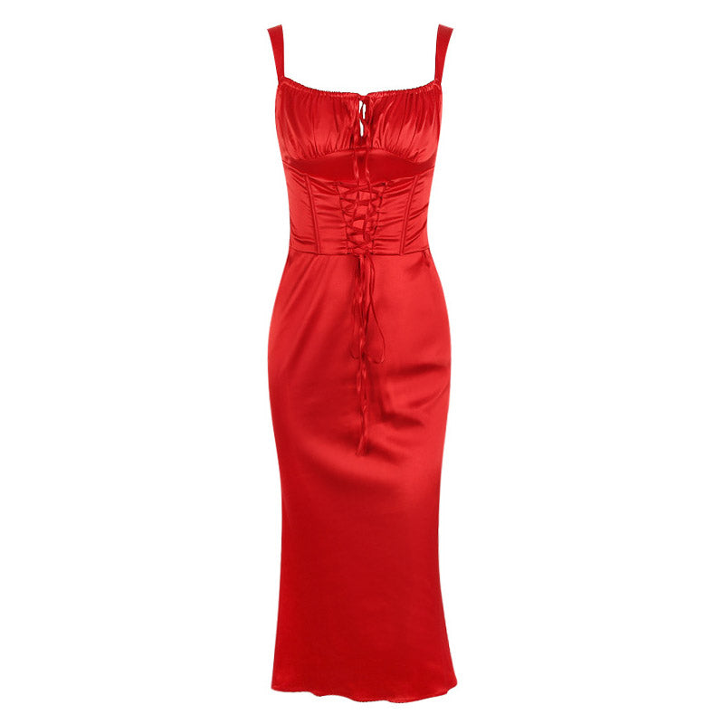 Sweetheart Lace Up Corset Ruched Fishtail Bodycon Midi Dress