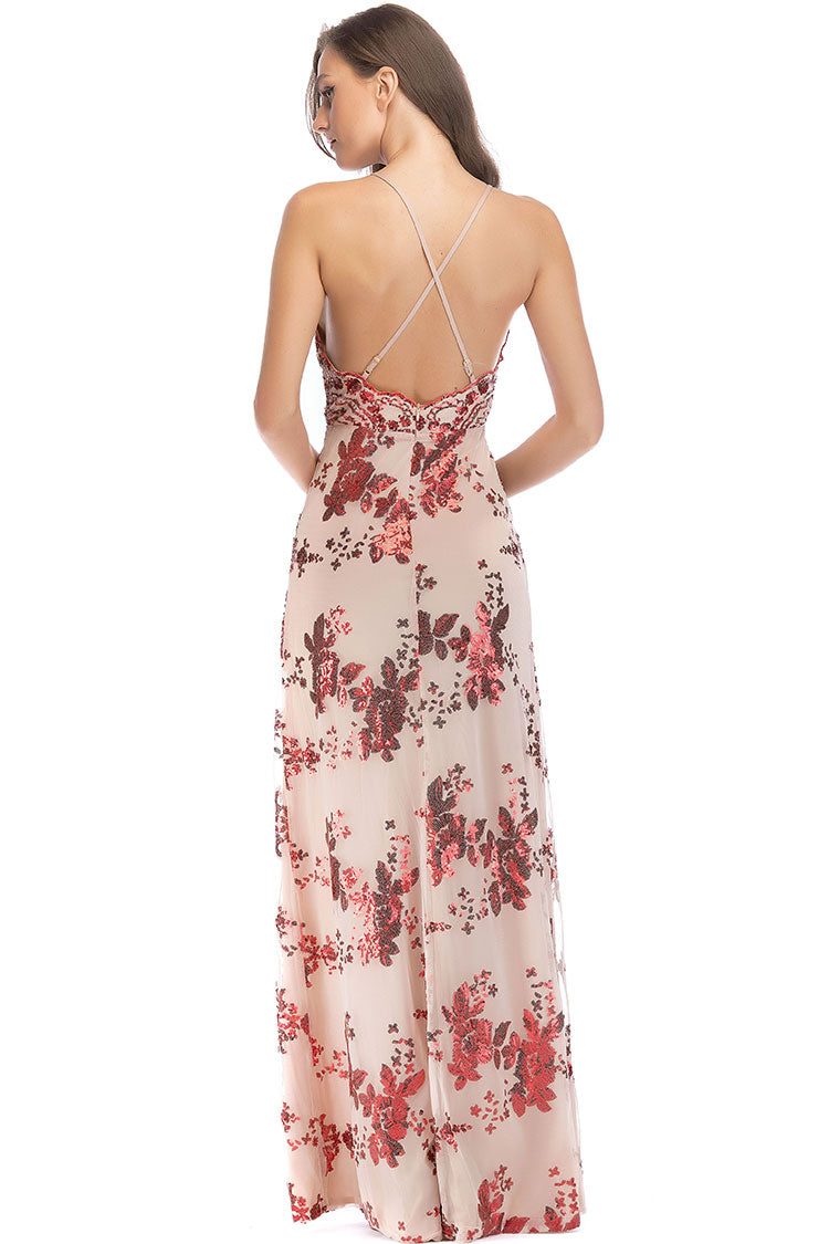 Sequin Deep V-Neck Spaghetti Strap Scalloped High Split Maxi Dress