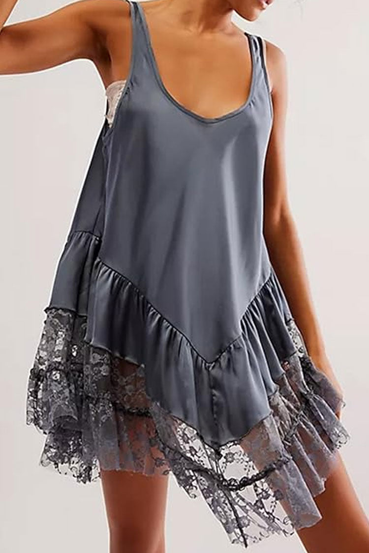 Sexy Scoop Neck Sleeveless Tiered Ruffle Lace Satin Summer Slip Mini Dress