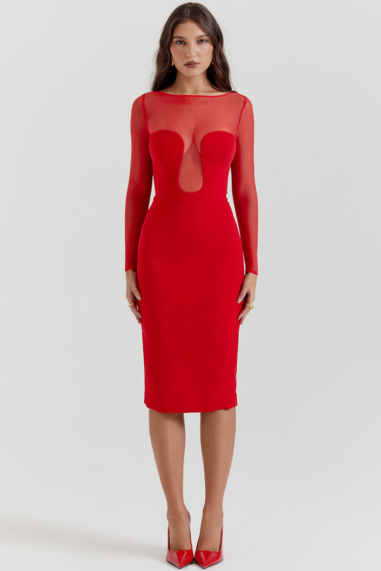 Sheer Mesh Boat Neck Long Sleeve Bodycon Midi Dress