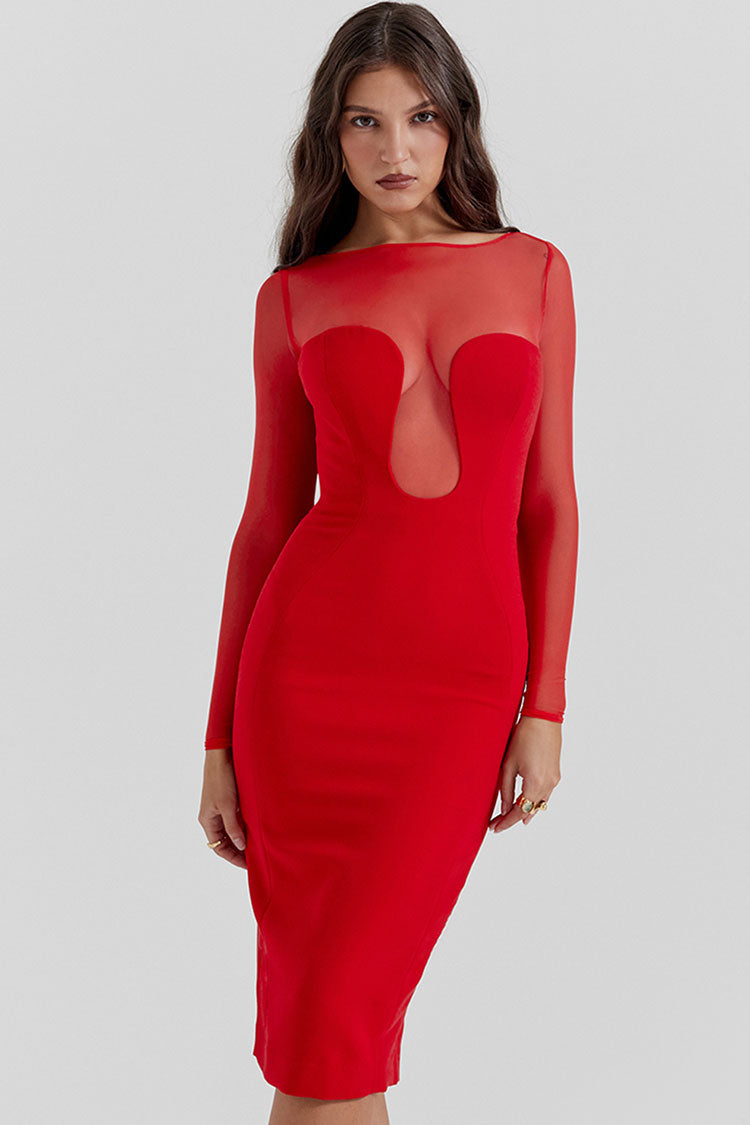 Sheer Mesh Boat Neck Long Sleeve Bodycon Midi Dress