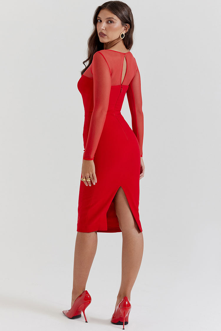 Sheer Mesh Boat Neck Long Sleeve Bodycon Midi Dress