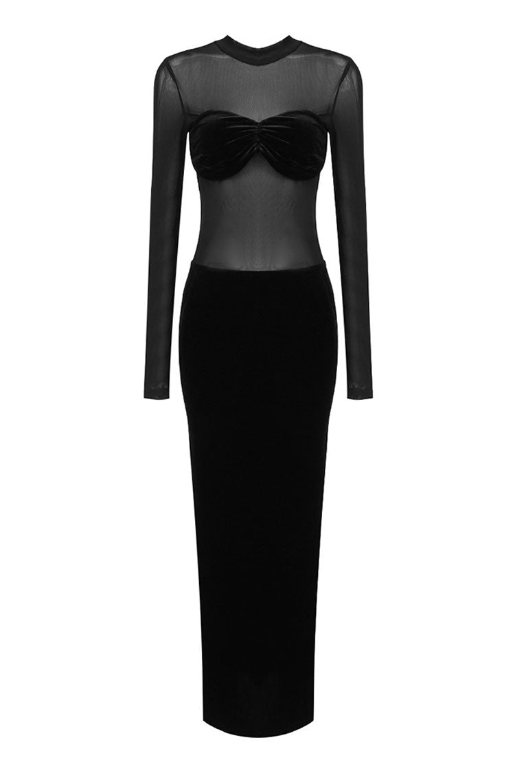 Sexy Sheer Mesh Mock Neck Bustier Long Sleeve Velvet Evening Maxi Dress