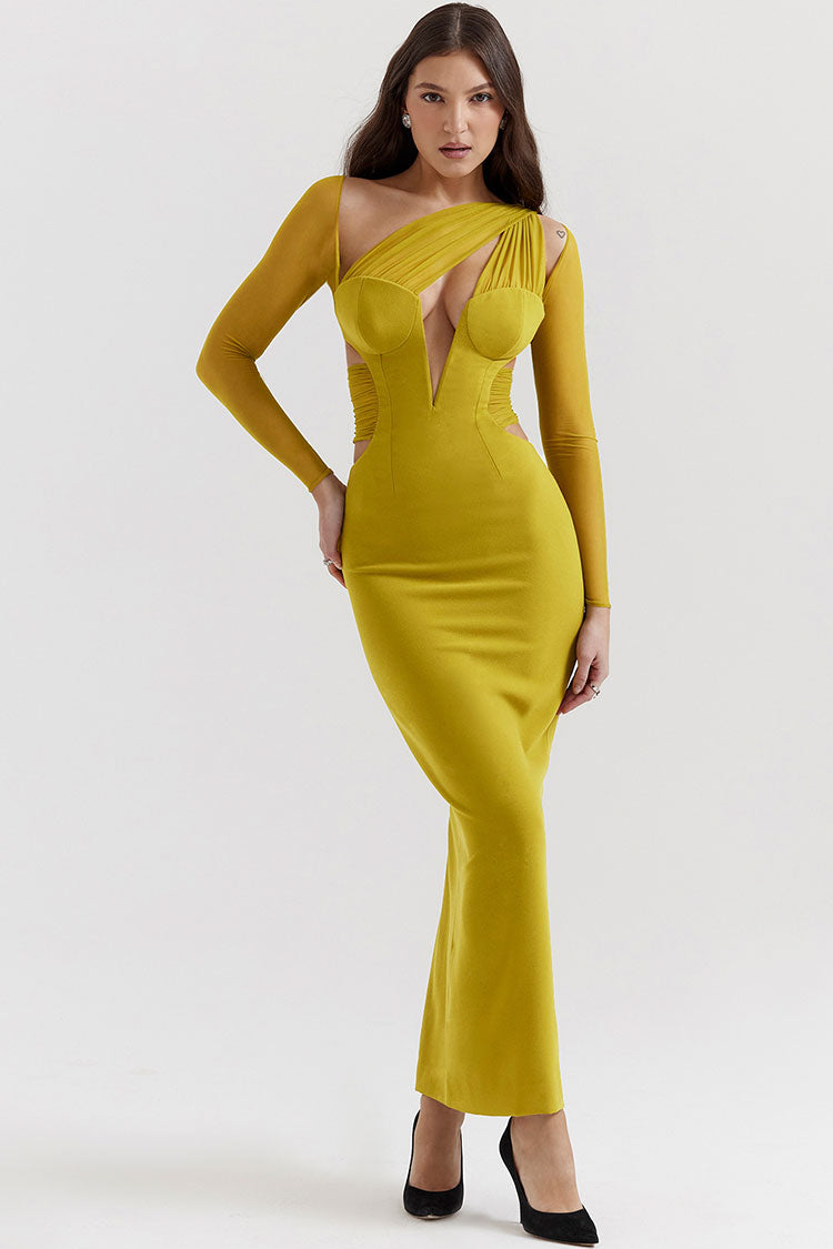 One Shoulder Mesh Long Sleeve Plunge Cut Out Bodycon Maxi Dress