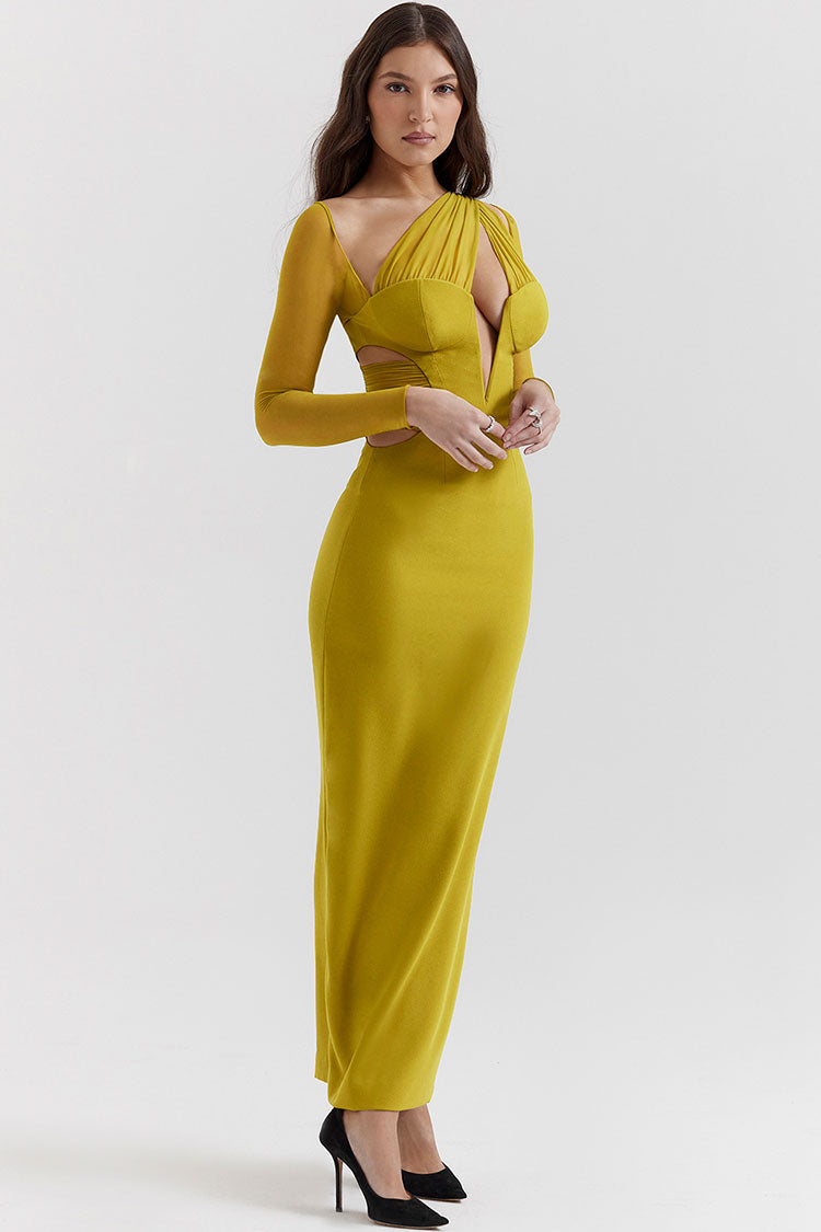 One Shoulder Mesh Long Sleeve Plunge Cut Out Bodycon Maxi Dress