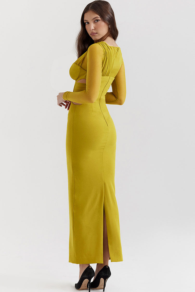 One Shoulder Mesh Long Sleeve Plunge Cut Out Bodycon Maxi Dress