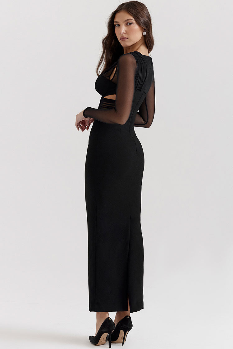 One Shoulder Mesh Long Sleeve Plunge Cut Out Bodycon Maxi Dress