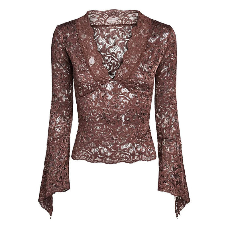 Sexy Sheer Scalloped V Neck Flared Sleeve Lace Crop Top - Brown