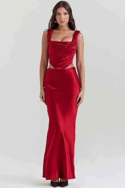 Satin Cowl Neck Corset Top and Bias Cut Maxi Skirt Two Piece Set