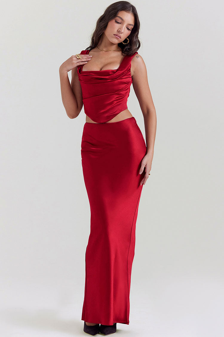 Sexy Silky Satin Lace Up Backless Crop Corset Maxi Skirt Two Piece Dress - Red 5