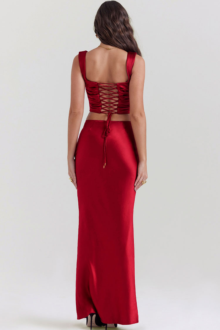 Sexy Silky Satin Lace Up Backless Crop Corset Maxi Skirt Two Piece Dress - Red 7