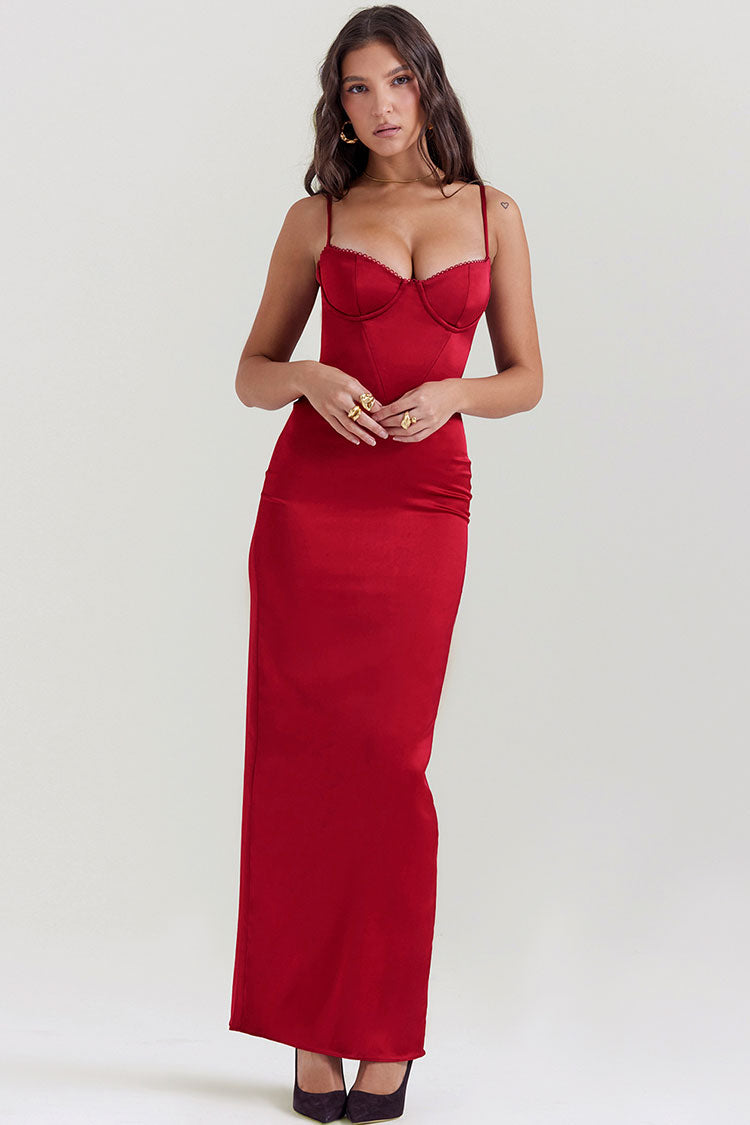 Satin Sweetheart Spaghetti Strap Corset Bustier Bodycon Maxi Dress