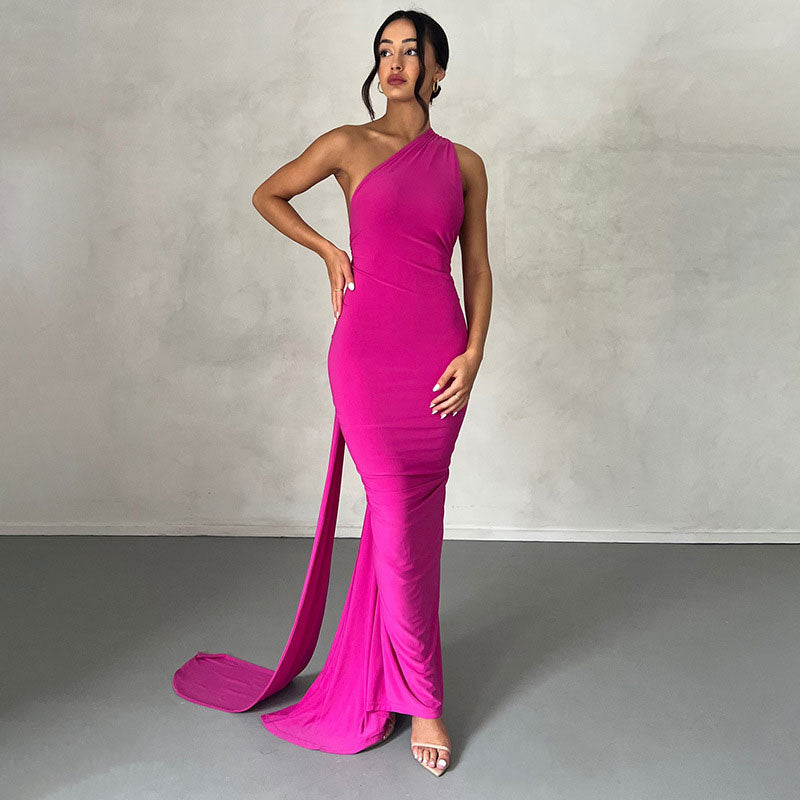 One Shoulder Ruched Draped Sash Train Bodycon Maxi Dress