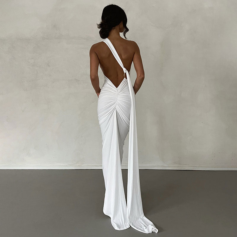 One Shoulder Ruched Draped Sash Train Bodycon Maxi Dress 3