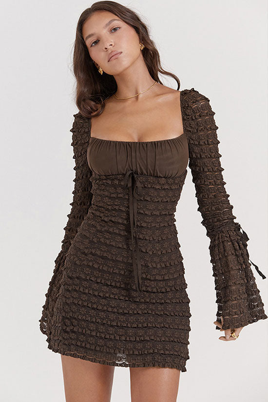 Square Neck Flared Sleeve Tiered Ruffle Lace Bodycon Mini Dress