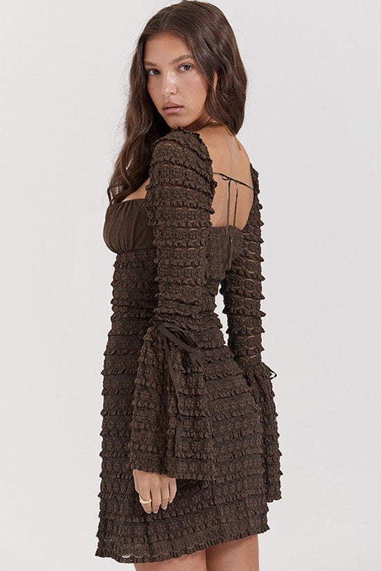 Square Neck Flared Sleeve Tiered Ruffle Lace Bodycon Mini Dress