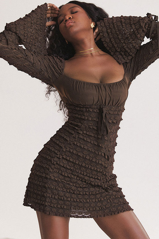 Square Neck Flared Sleeve Tiered Ruffle Lace Bodycon Mini Dress