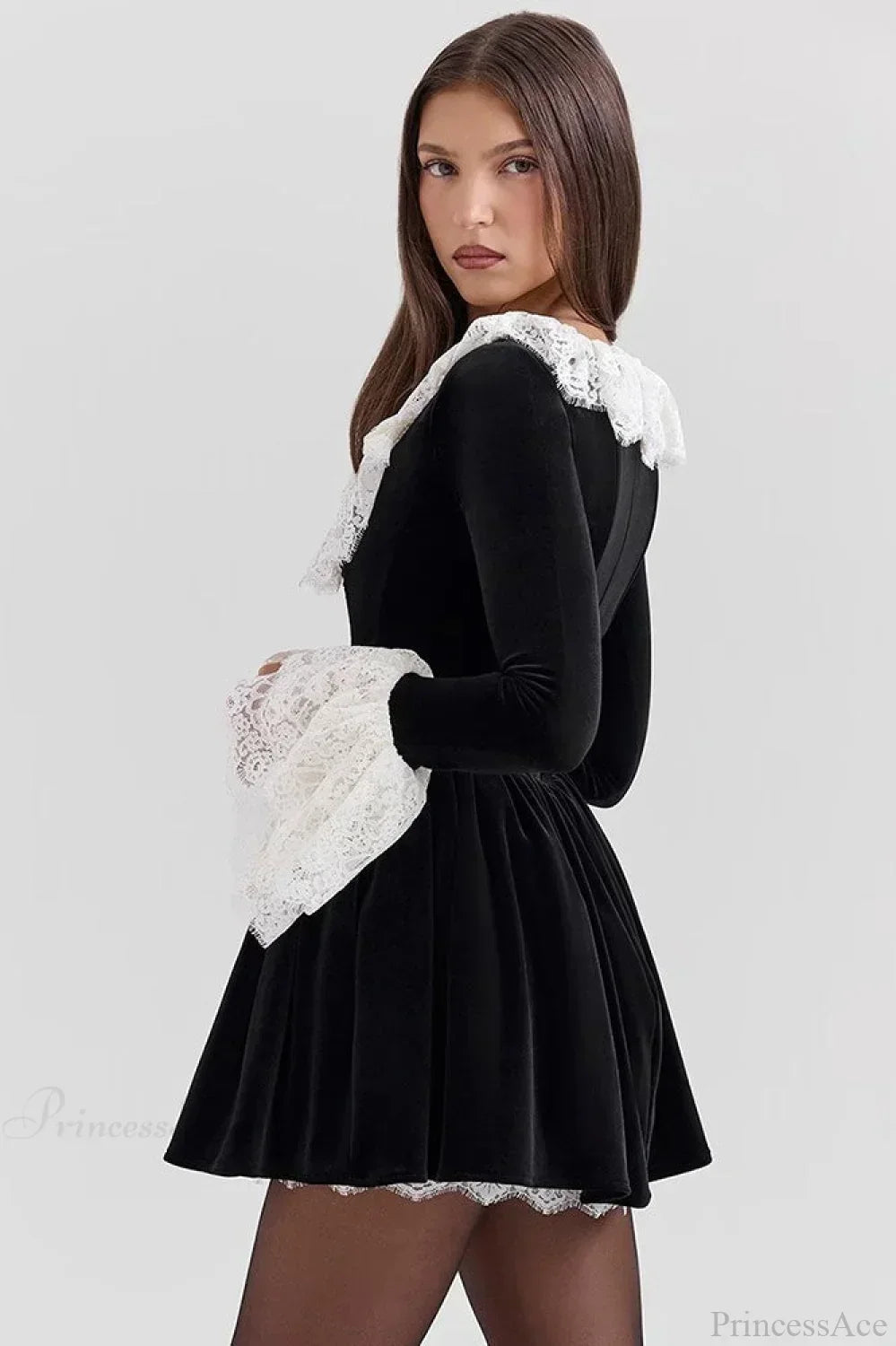 Velvet Square Neck Lace Trim Flared Cuff Long Sleeve Mini Dress 4
