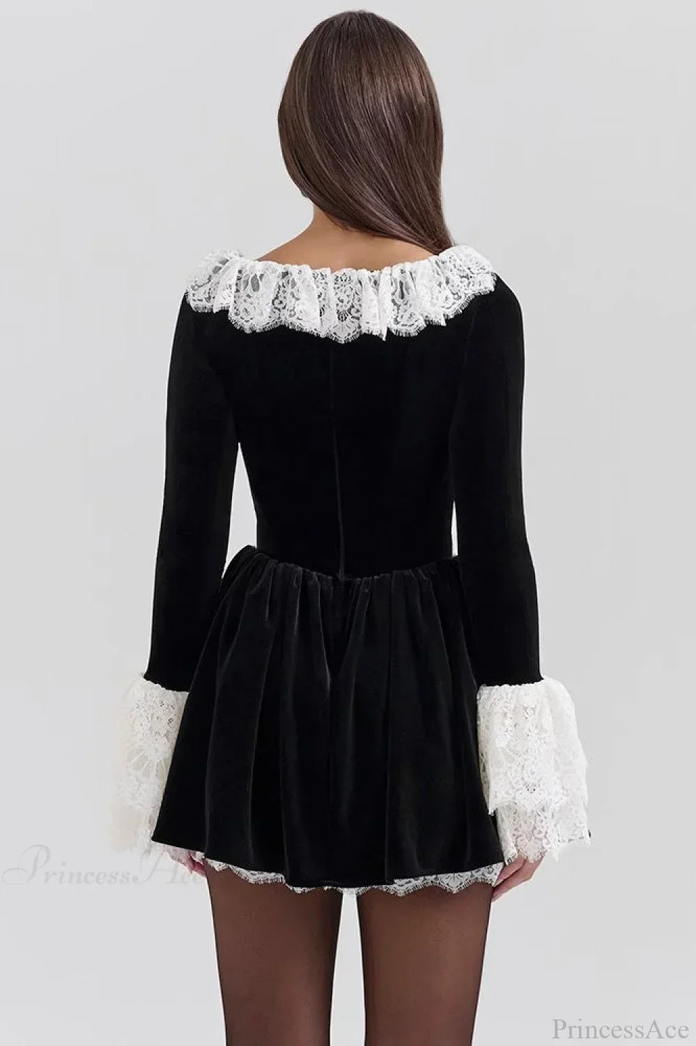 Velvet Square Neck Lace Trim Flared Cuff Long Sleeve Mini Dress 5