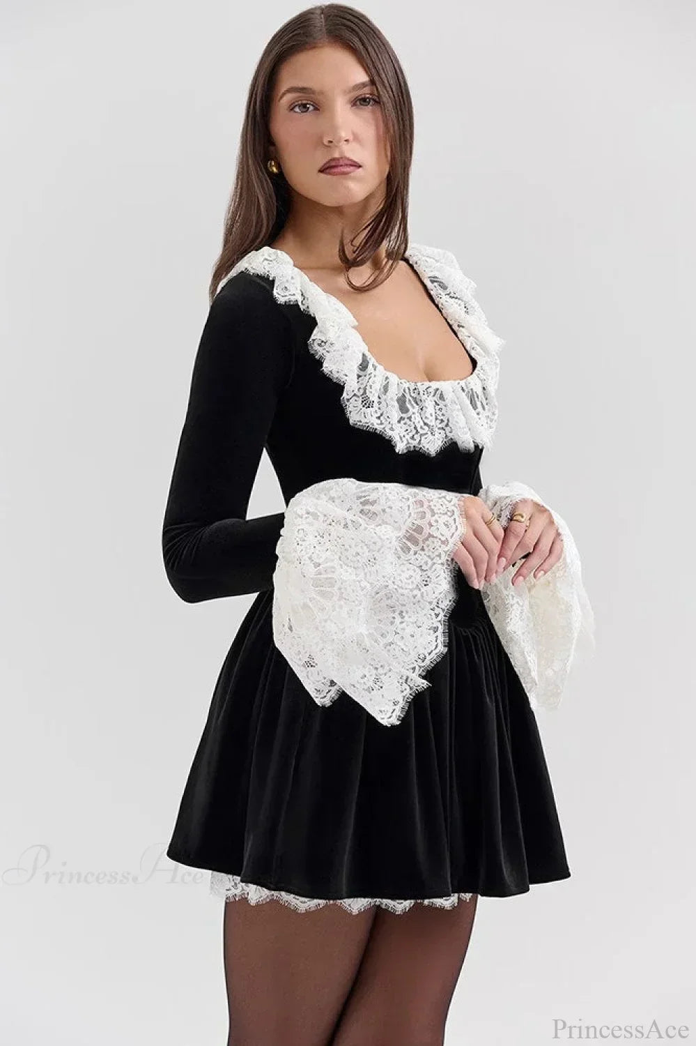 Velvet Square Neck Lace Trim Flared Cuff Long Sleeve Mini Dress 3