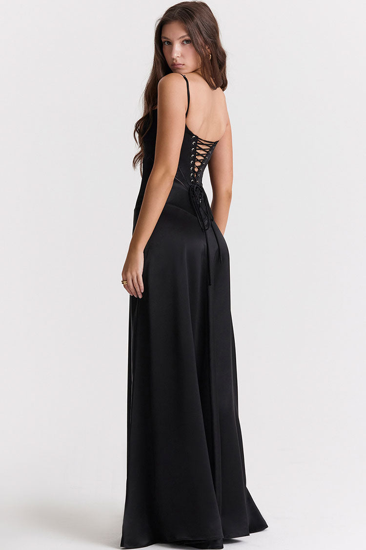 Square Neck Pintuck Trim Lace Up Back Slip Maxi Dress - Black - View 4