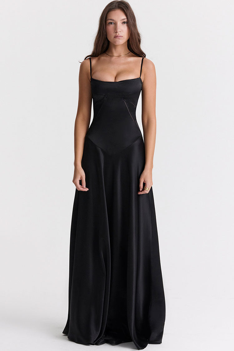Square Neck Lace Up Back Satin Slip Maxi Dress