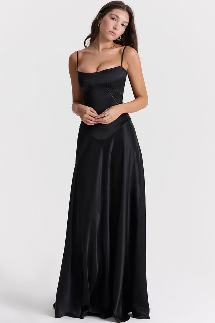 Square Neck Pintuck Trim Lace Up Back Slip Maxi Dress - Black - View 2