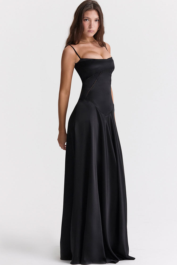 Square Neck Pintuck Trim Lace Up Back Slip Maxi Dress - Black - View 3