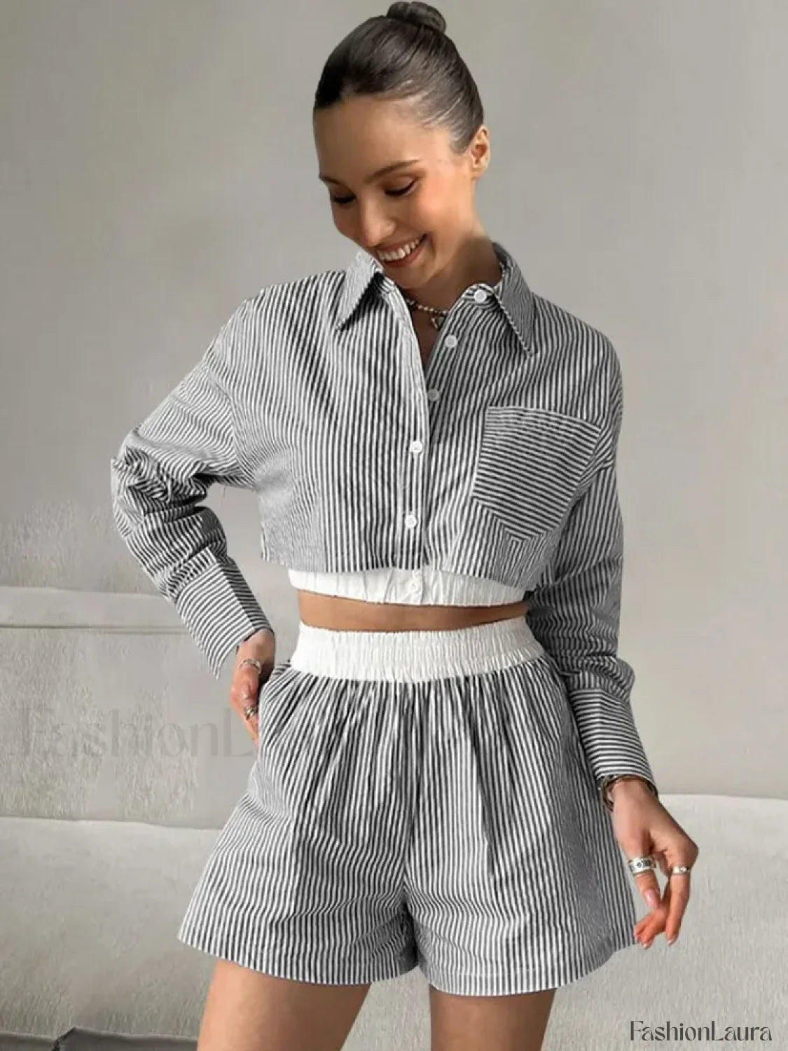 Sexy Stripe Shirt Shorts Two Piece Set