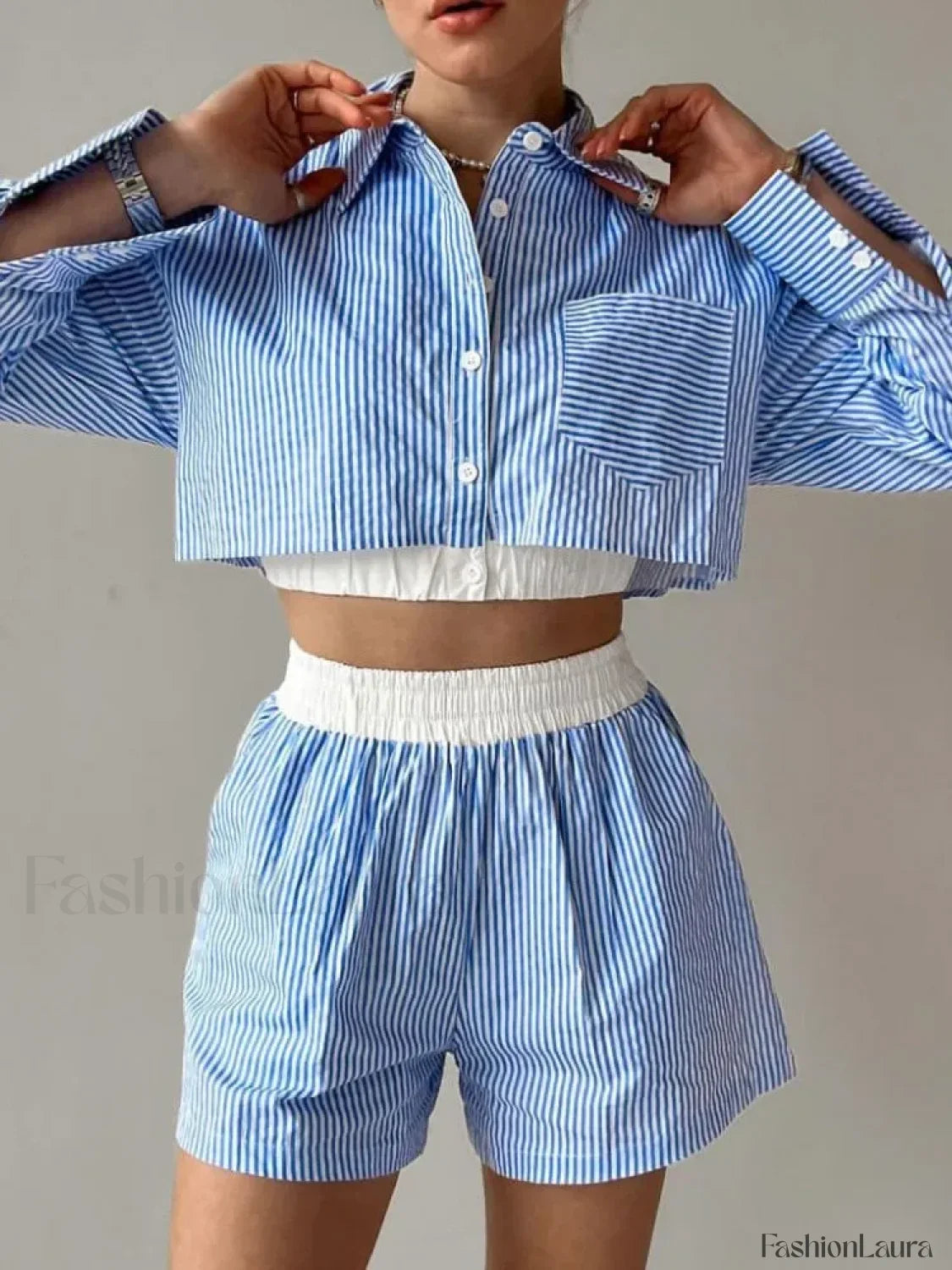 Sexy Stripe Shirt Shorts Two Piece Set