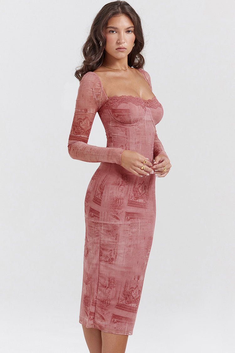 Sweetheart Neck Long Sleeve Lace Trim Bodycon Midi Dress