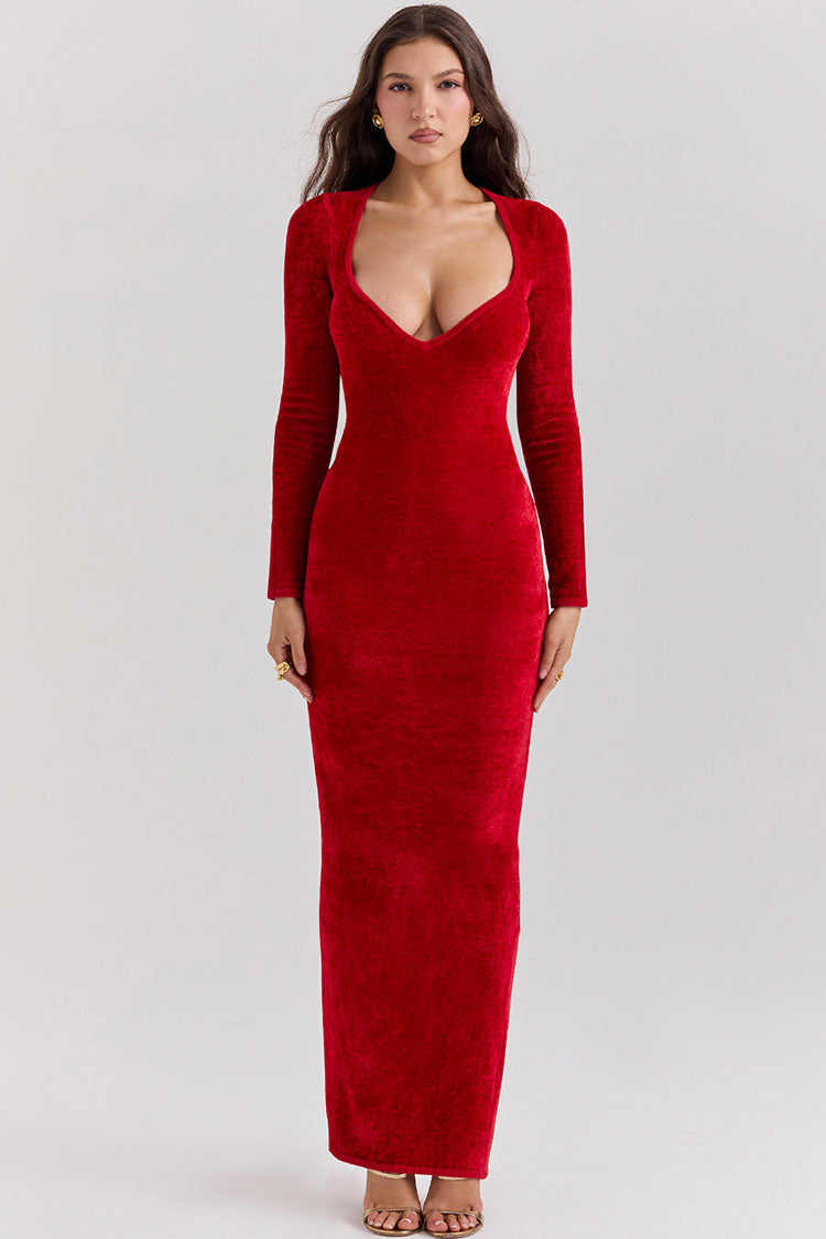 Sexy Sweetheart Neck Long Sleeve Velvet Bodycon Maxi Evening Dress - Red