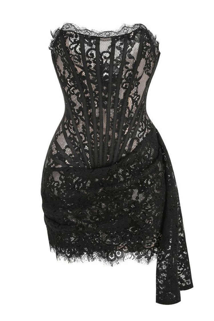 Lace Strapless Corset Draped High Low Mini Party Dress