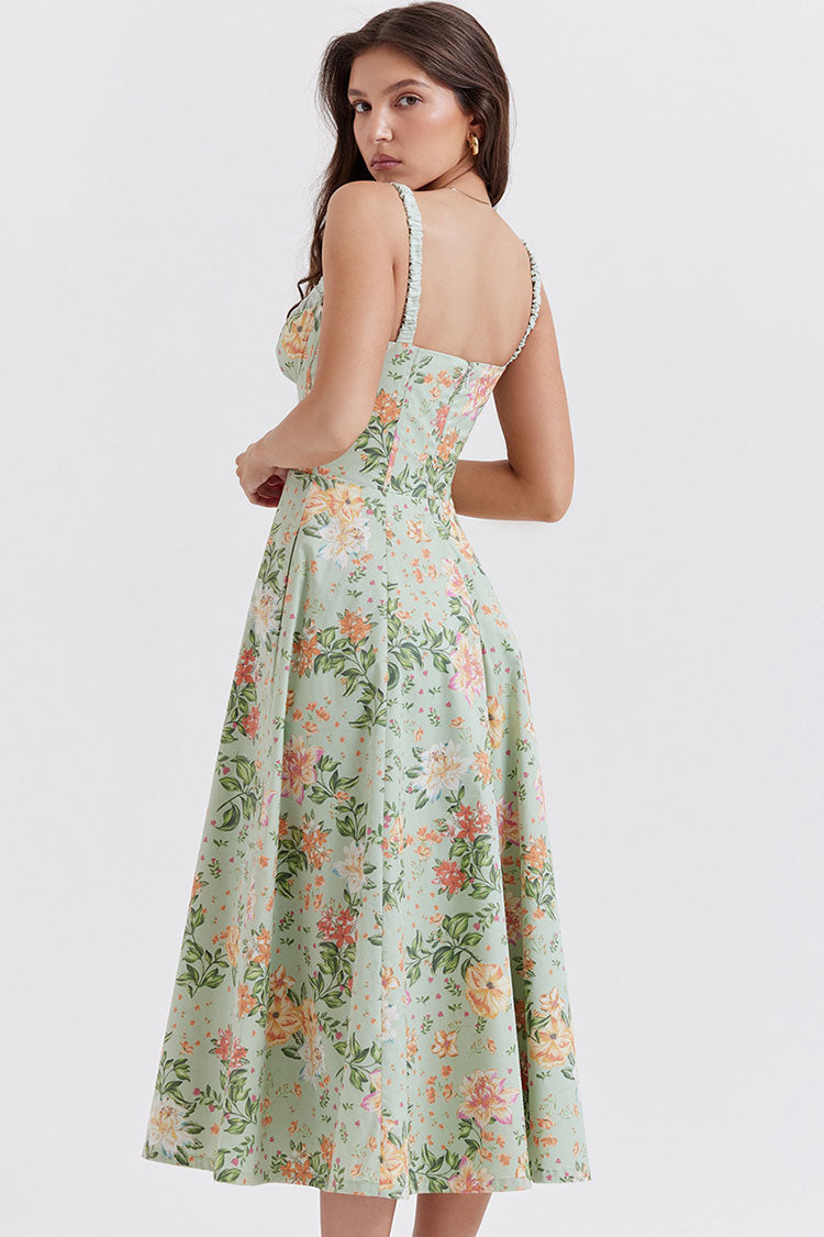 Sexy Tie Neck High Split Floral Printed Summer Midi Sundress - Green