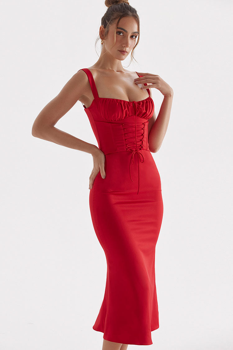 Satin Square Neck Lace Up Corset Ruched Bodycon Midi Dress