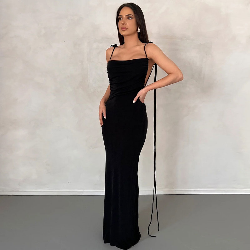 Tie Shoulder Cowl Neck Ruched Open Back Bodycon Maxi Dress