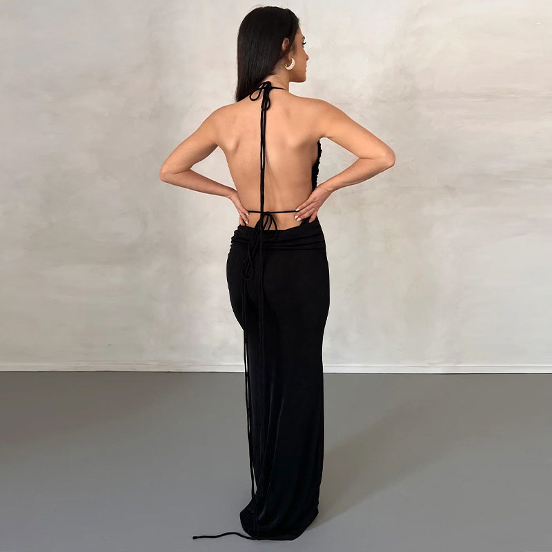 Tie Shoulder Cowl Neck Ruched Open Back Bodycon Maxi Dress 2