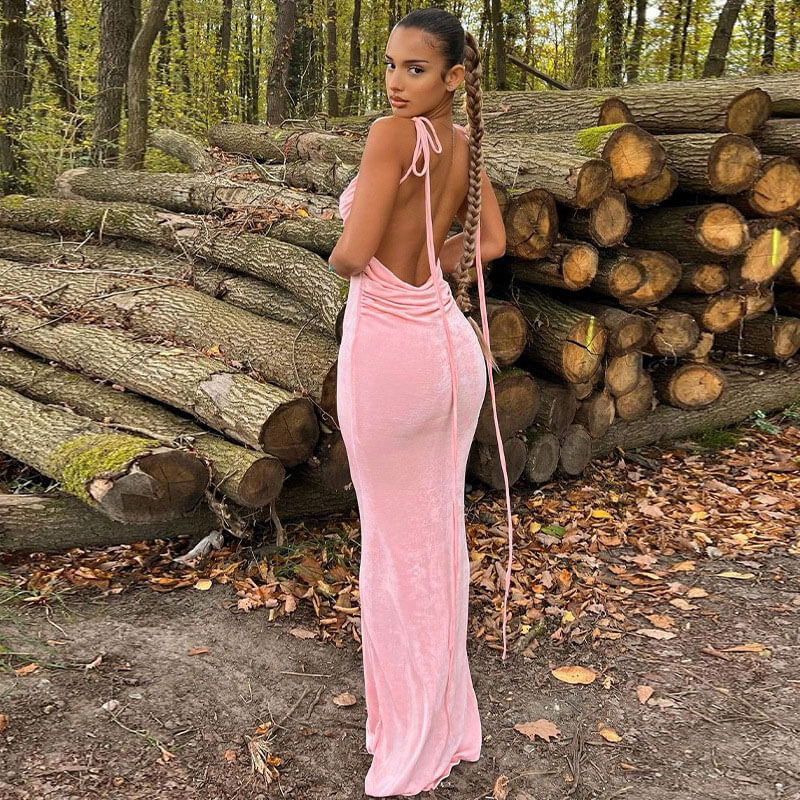 Velvet Tie Shoulder Cowl Back Backless Bodycon Maxi Dress